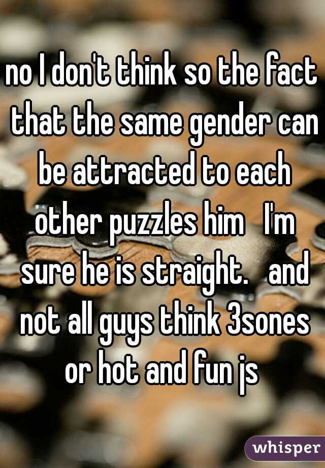 no I don't think so the fact that the same gender can be attracted to each other puzzles him   I'm sure he is straight.   and not all guys think 3sones or hot and fun js 