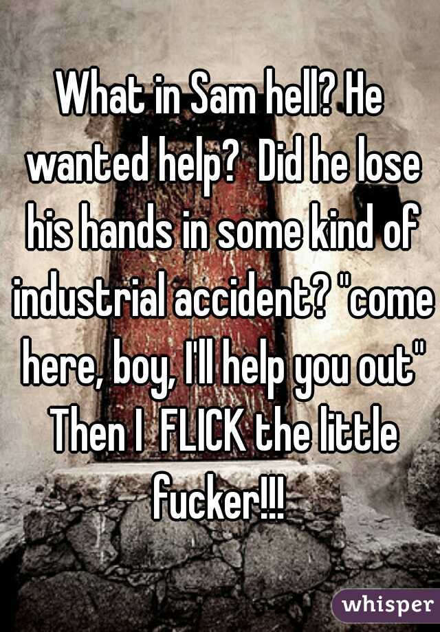 What in Sam hell? He wanted help?  Did he lose his hands in some kind of industrial accident? "come here, boy, I'll help you out" Then I  FLICK the little fucker!!! 