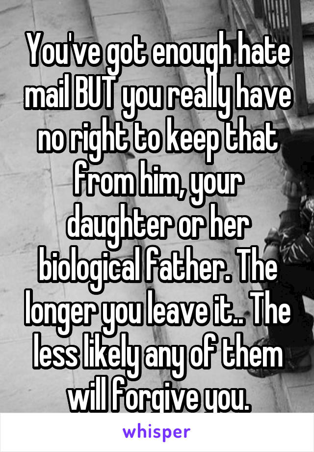 You've got enough hate mail BUT you really have no right to keep that from him, your daughter or her biological father. The longer you leave it.. The less likely any of them will forgive you.