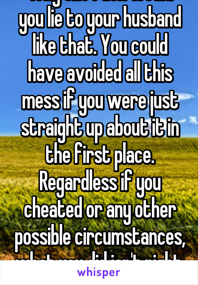 Why the fuck would you lie to your husband like that. You could have avoided all this mess if you were just straight up about it in the first place. Regardless if you cheated or any other possible circumstances, what you did isn't right. 