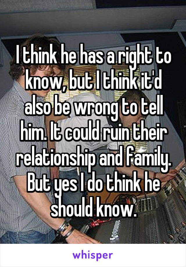 I think he has a right to know, but I think it'd also be wrong to tell him. It could ruin their relationship and family. But yes I do think he should know.