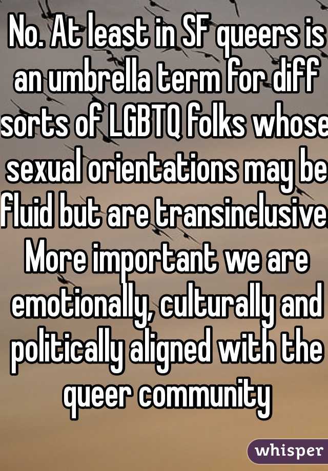 No. At least in SF queers is an umbrella term for diff sorts of LGBTQ folks whose sexual orientations may be fluid but are transinclusive. More important we are emotionally, culturally and politically aligned with the queer community