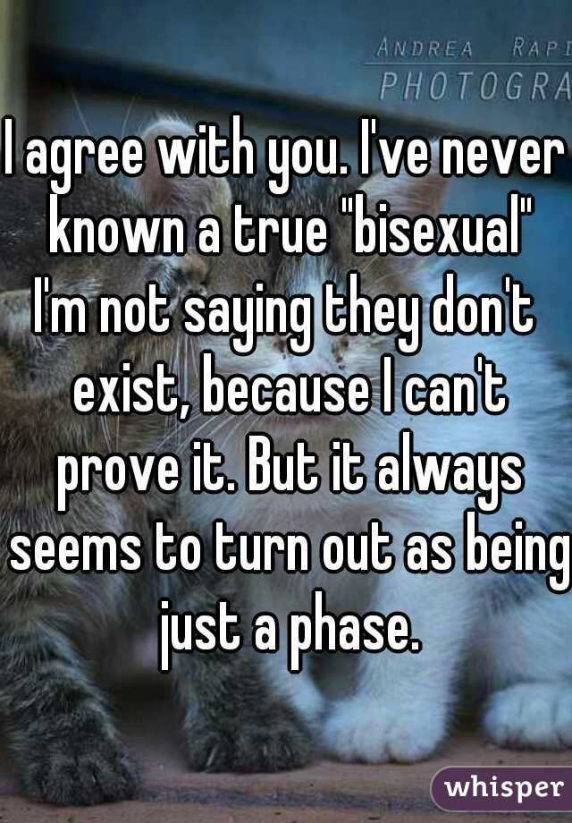 I agree with you. I've never known a true "bisexual"
I'm not saying they don't exist, because I can't prove it. But it always seems to turn out as being just a phase.
