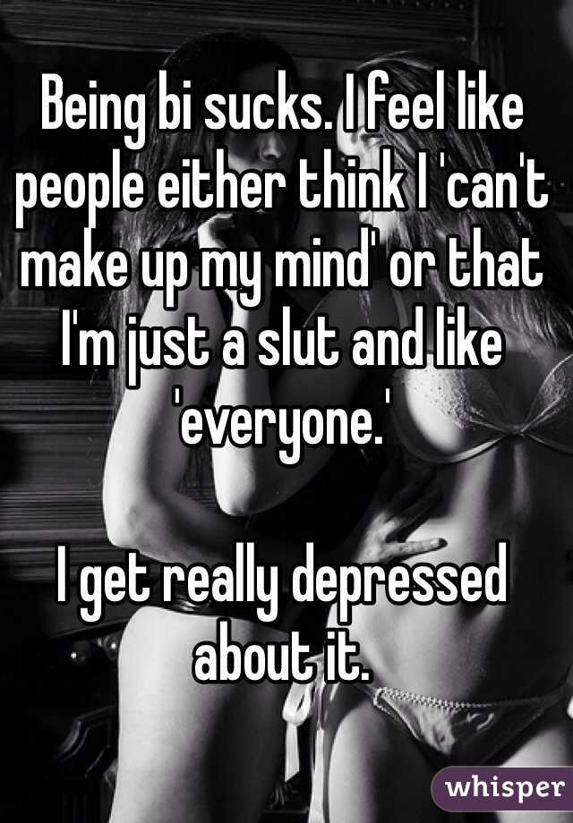 Being bi sucks. I feel like people either think I 'can't make up my mind' or that I'm just a slut and like 'everyone.'

I get really depressed about it. 