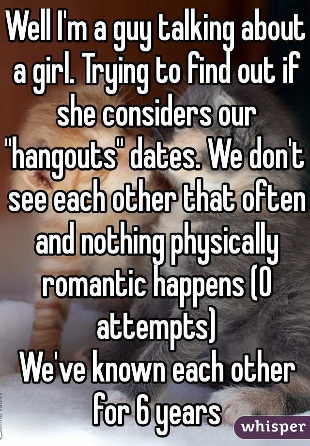Well I'm a guy talking about a girl. Trying to find out if she considers our "hangouts" dates. We don't see each other that often and nothing physically romantic happens (0 attempts) 
We've known each other for 6 years
