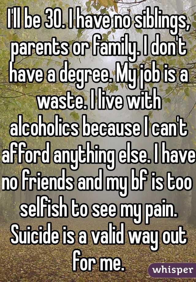 I'll be 30. I have no siblings, parents or family. I don't have a degree. My job is a waste. I live with alcoholics because I can't afford anything else. I have no friends and my bf is too selfish to see my pain. Suicide is a valid way out for me.