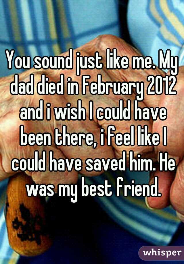 You sound just like me. My dad died in February 2012 and i wish I could have been there, i feel like I could have saved him. He was my best friend.