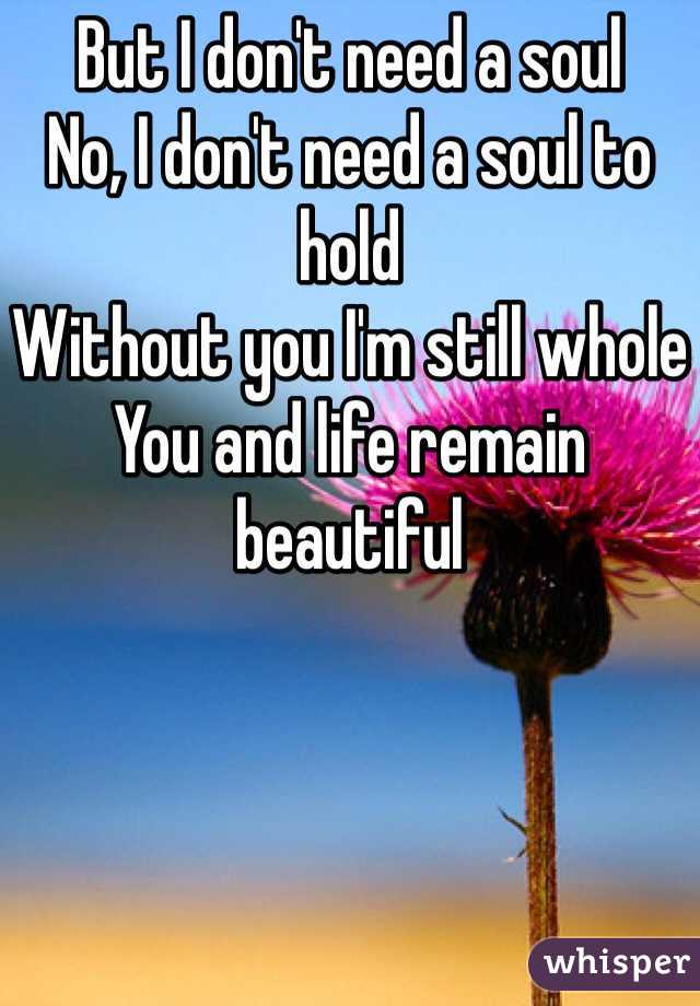 But I don't need a soul
No, I don't need a soul to hold 
Without you I'm still whole
You and life remain beautiful