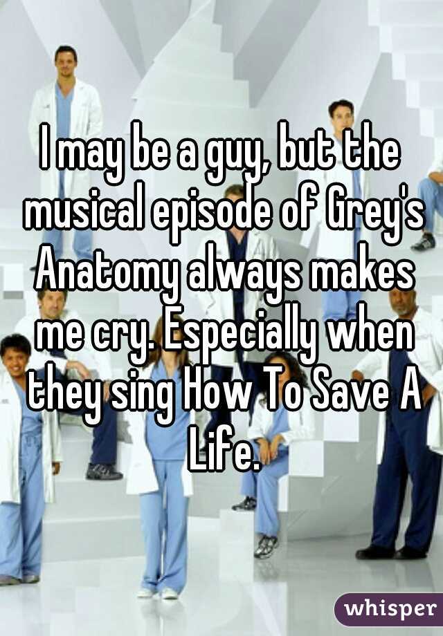 I may be a guy, but the musical episode of Grey's Anatomy always makes me cry. Especially when they sing How To Save A Life.