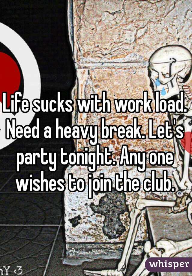 Life sucks with work load. Need a heavy break. Let's party tonight. Any one wishes to join the club. 
