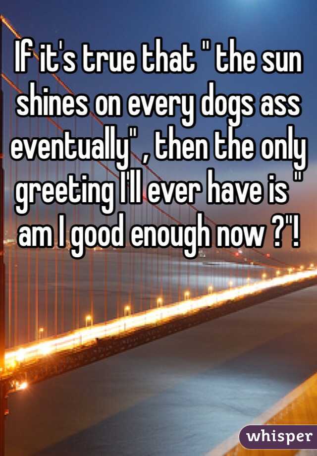 If it's true that " the sun shines on every dogs ass eventually" , then the only greeting I'll ever have is " am I good enough now ?"!