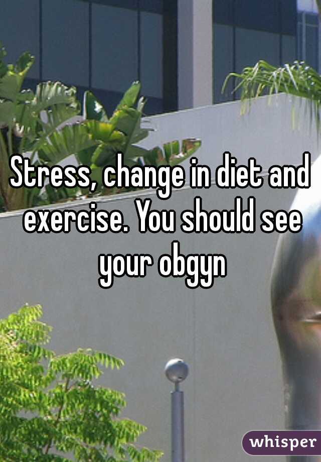Stress, change in diet and exercise. You should see your obgyn