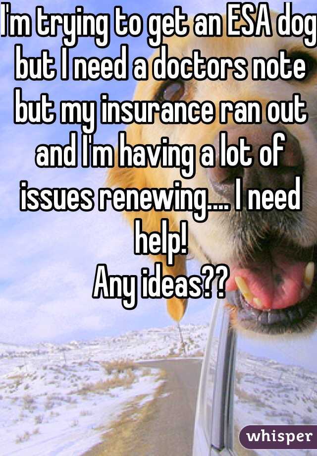 I'm trying to get an ESA dog but I need a doctors note but my insurance ran out and I'm having a lot of issues renewing.... I need help!
Any ideas??