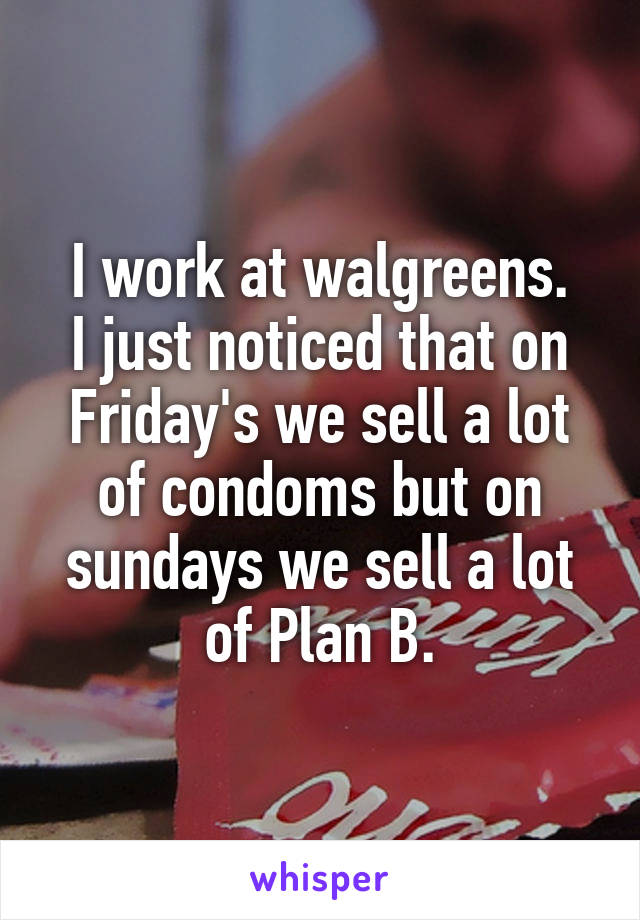 I work at walgreens.
I just noticed that on Friday's we sell a lot of condoms but on sundays we sell a lot of Plan B.