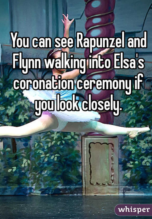 You can see Rapunzel and Flynn walking into Elsa's coronation ceremony if you look closely.
