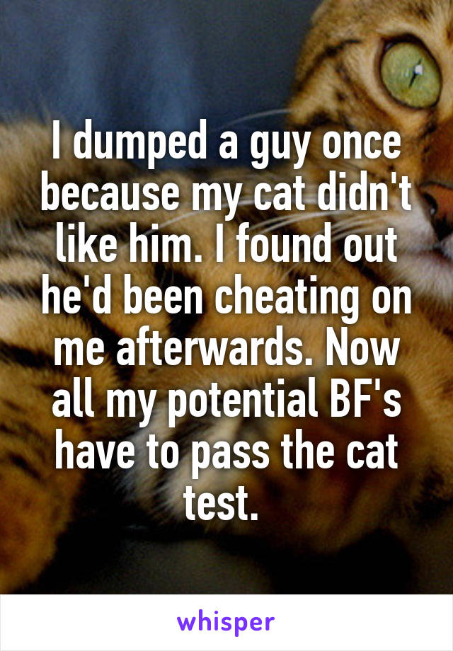 I dumped a guy once because my cat didn't like him. I found out he'd been cheating on me afterwards. Now all my potential BF's have to pass the cat test. 