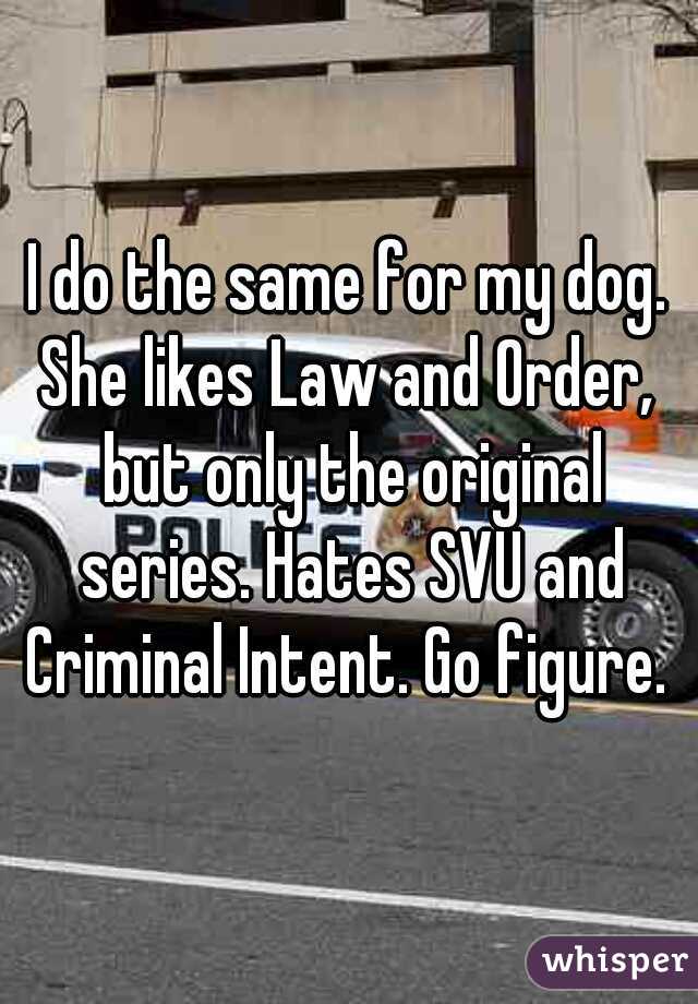 I do the same for my dog. She likes Law and Order,  but only the original series. Hates SVU and Criminal Intent. Go figure. 