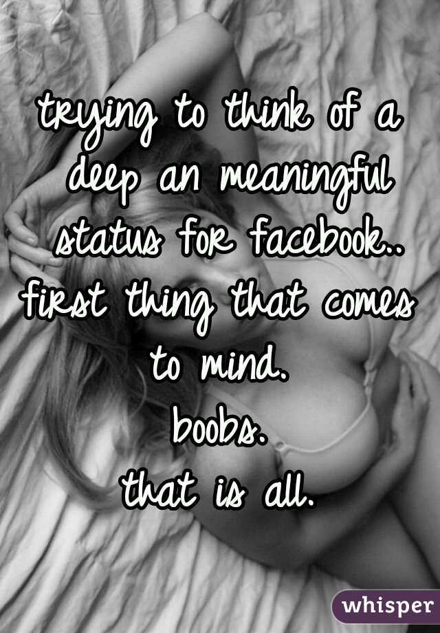 trying to think of a deep an meaningful status for facebook..
first thing that comes to mind. 
boobs.
that is all.