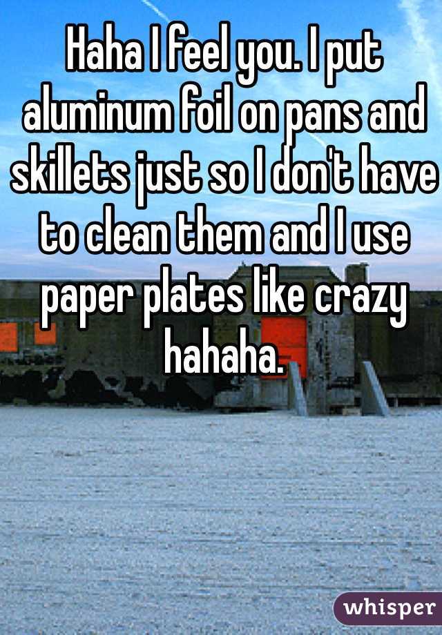 Haha I feel you. I put aluminum foil on pans and skillets just so I don't have to clean them and I use paper plates like crazy hahaha. 
