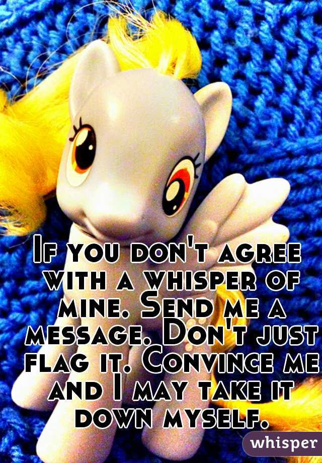 If you don't agree with a whisper of mine. Send me a message. Don't just flag it. Convince me and I may take it down myself.