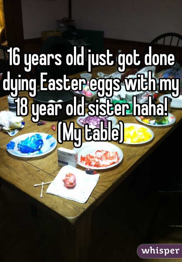 16 years old just got done dying Easter eggs with my 18 year old sister haha!
(My table)