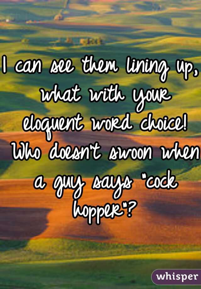 I can see them lining up, what with your eloquent word choice! Who doesn't swoon when a guy says "cock hopper"?