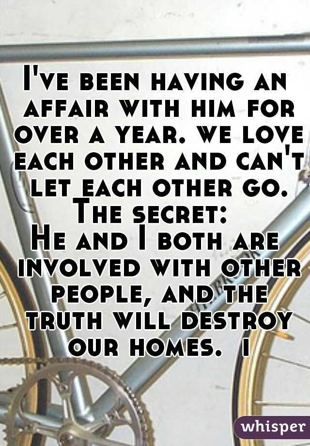I've been having an affair with him for over a year. we love each other and can't let each other go.
The secret: 
He and I both are involved with other people, and the truth will destroy our homes.  i