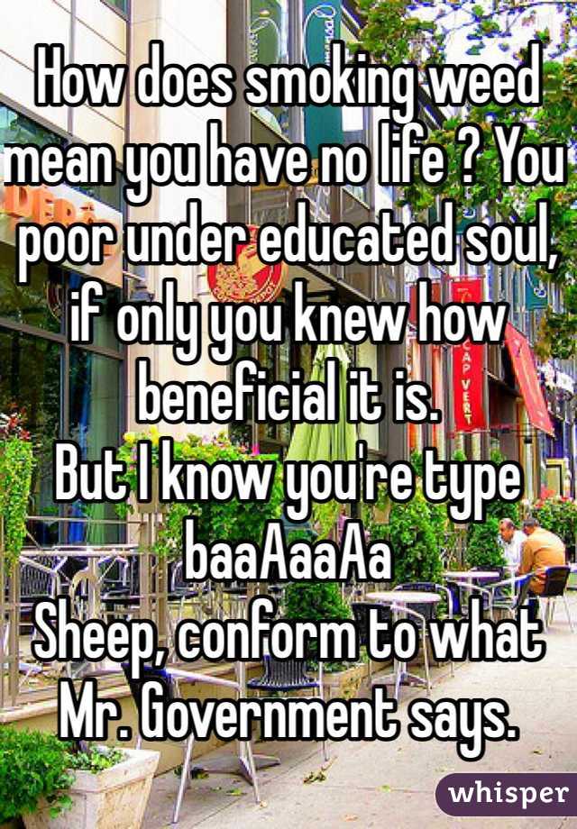 How does smoking weed mean you have no life ? You poor under educated soul, if only you knew how beneficial it is. 
But I know you're type baaAaaAa
Sheep, conform to what Mr. Government says.