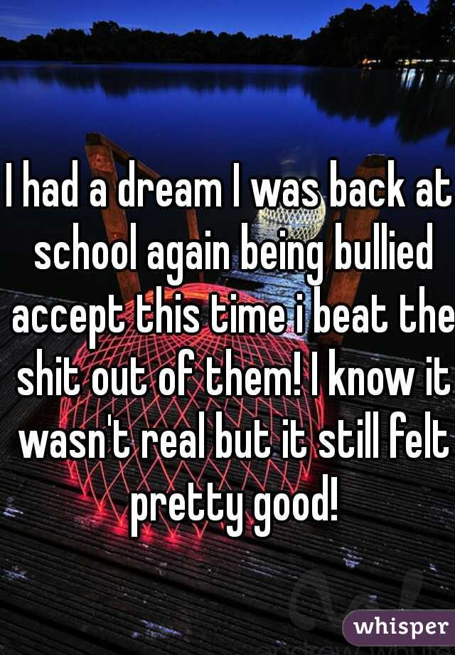 I had a dream I was back at school again being bullied accept this time i beat the shit out of them! I know it wasn't real but it still felt pretty good!