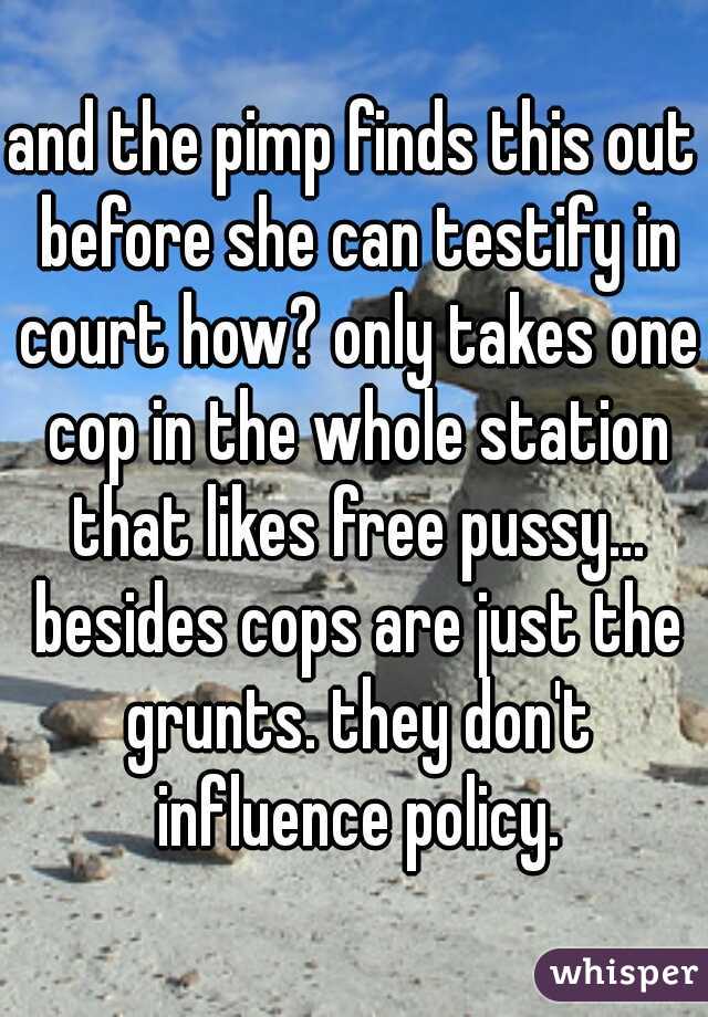 and the pimp finds this out before she can testify in court how? only takes one cop in the whole station that likes free pussy... besides cops are just the grunts. they don't influence policy.