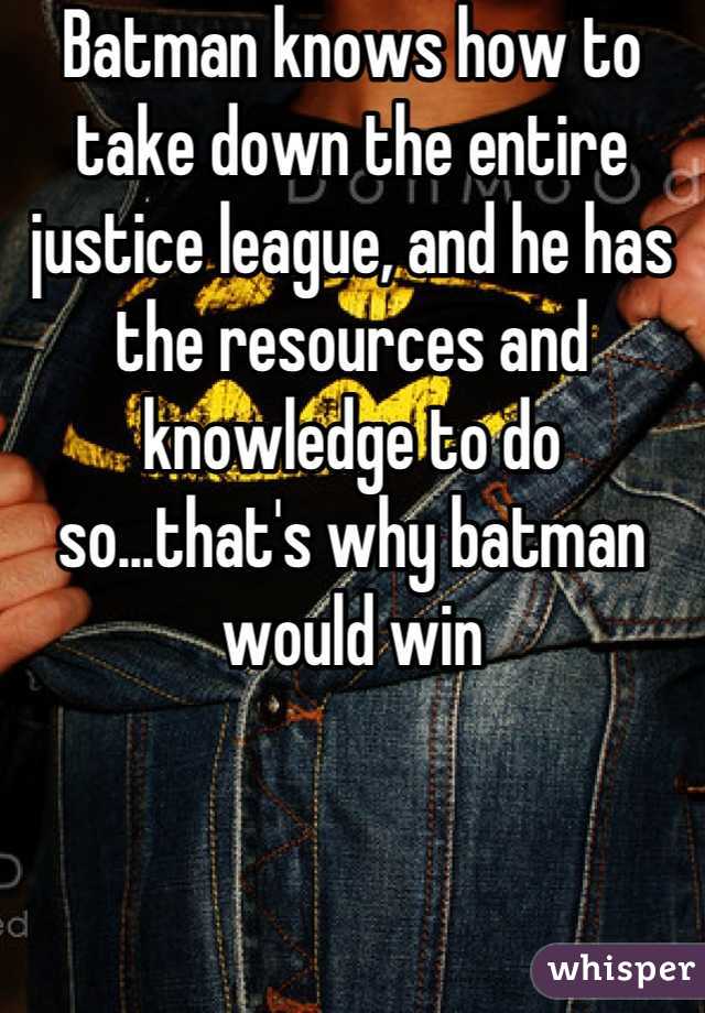 Batman knows how to take down the entire justice league, and he has the resources and knowledge to do so...that's why batman would win