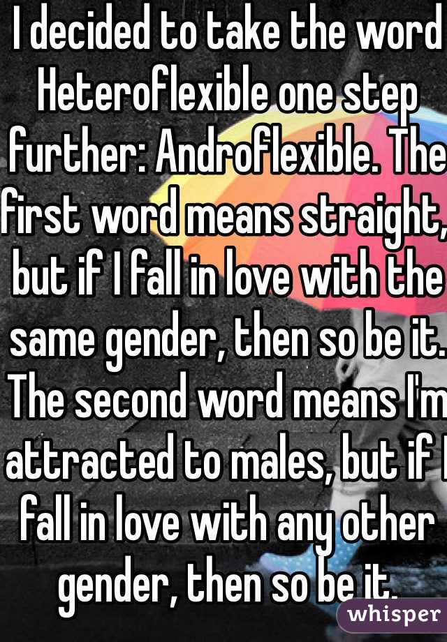 I decided to take the word Heteroflexible one step further: Androflexible. The first word means straight, but if I fall in love with the same gender, then so be it. The second word means I'm attracted to males, but if I fall in love with any other gender, then so be it.