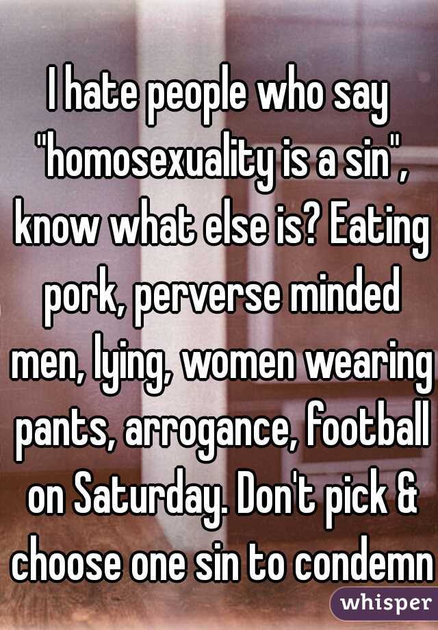 I hate people who say "homosexuality is a sin", know what else is? Eating pork, perverse minded men, lying, women wearing pants, arrogance, football on Saturday. Don't pick & choose one sin to condemn