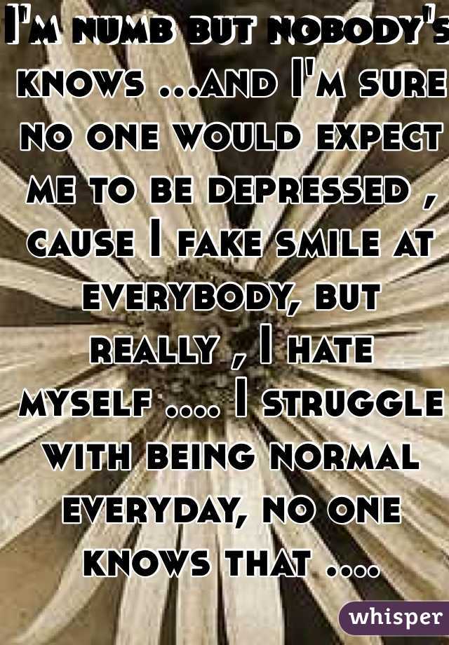 I'm numb but nobody's knows ...and I'm sure no one would expect me to be depressed , cause I fake smile at everybody, but really , I hate myself .... I struggle with being normal everyday, no one knows that ....
