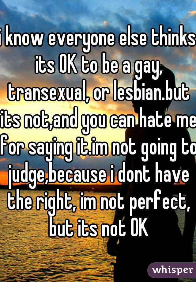 i know everyone else thinks its OK to be a gay, transexual, or lesbian.but its not,and you can hate me for saying it.im not going to judge,because i dont have the right, im not perfect, but its not OK