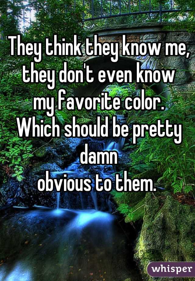 They think they know me, 
they don't even know 
my favorite color. 
Which should be pretty damn 
obvious to them. 