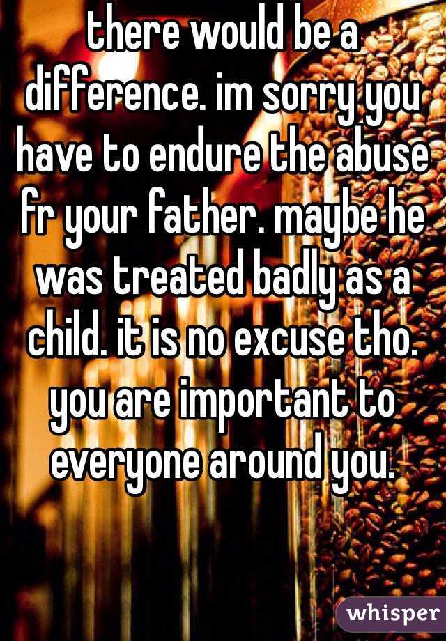 there would be a difference. im sorry you have to endure the abuse fr your father. maybe he was treated badly as a child. it is no excuse tho. you are important to everyone around you. 