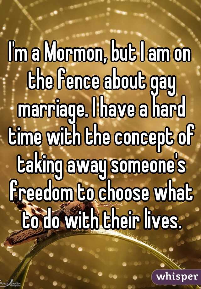 I'm a Mormon, but I am on the fence about gay marriage. I have a hard time with the concept of taking away someone's freedom to choose what to do with their lives.