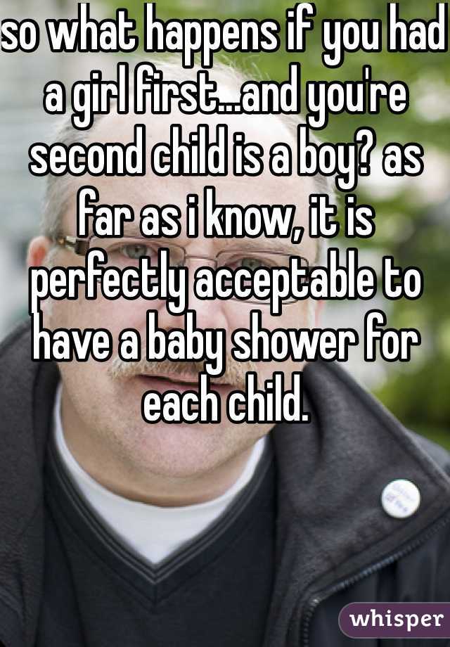 so what happens if you had a girl first...and you're second child is a boy? as far as i know, it is perfectly acceptable to have a baby shower for each child.