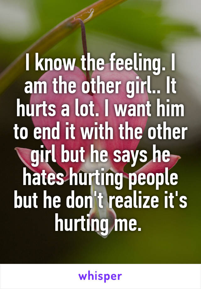 I know the feeling. I am the other girl.. It hurts a lot. I want him to end it with the other girl but he says he hates hurting people but he don't realize it's hurting me. 