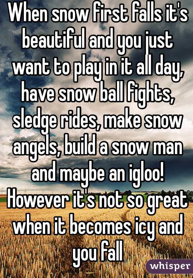 When snow first falls it's beautiful and you just want to play in it all day, have snow ball fights, sledge rides, make snow angels, build a snow man and maybe an igloo! However it's not so great when it becomes icy and you fall
And nearly do your back in! Yet nothing beats it❄️⛄️