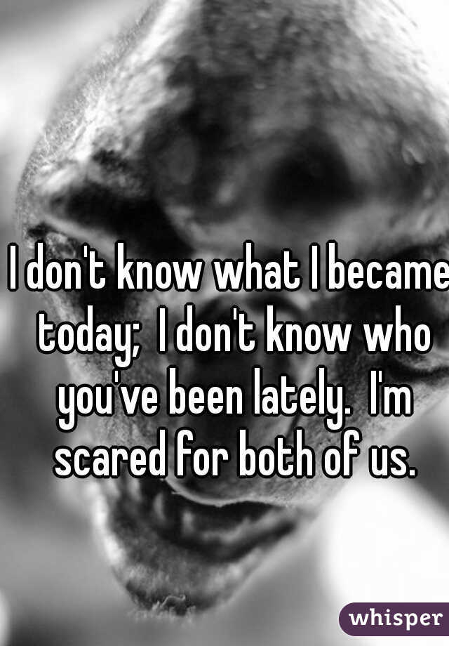 I don't know what I became today;  I don't know who you've been lately.  I'm scared for both of us.