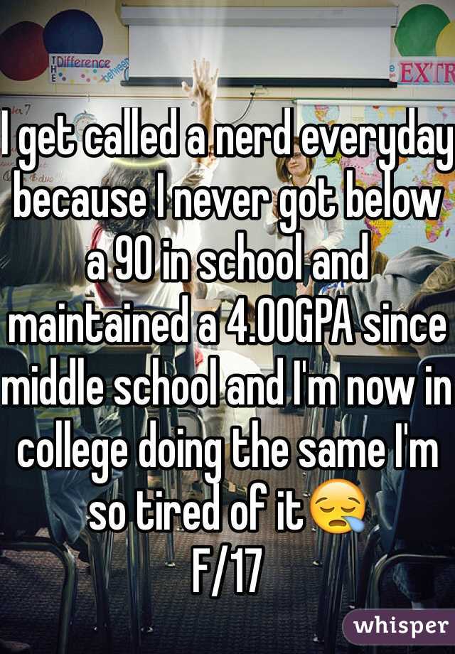 I get called a nerd everyday because I never got below a 90 in school and maintained a 4.00GPA since middle school and I'm now in college doing the same I'm so tired of it😪
F/17 