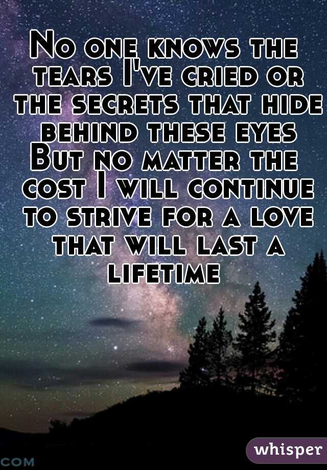 No one knows the tears I've cried or the secrets that hide behind these eyes
But no matter the cost I will continue to strive for a love that will last a lifetime 