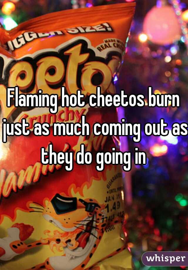 Flaming hot cheetos burn just as much coming out as they do going in 
