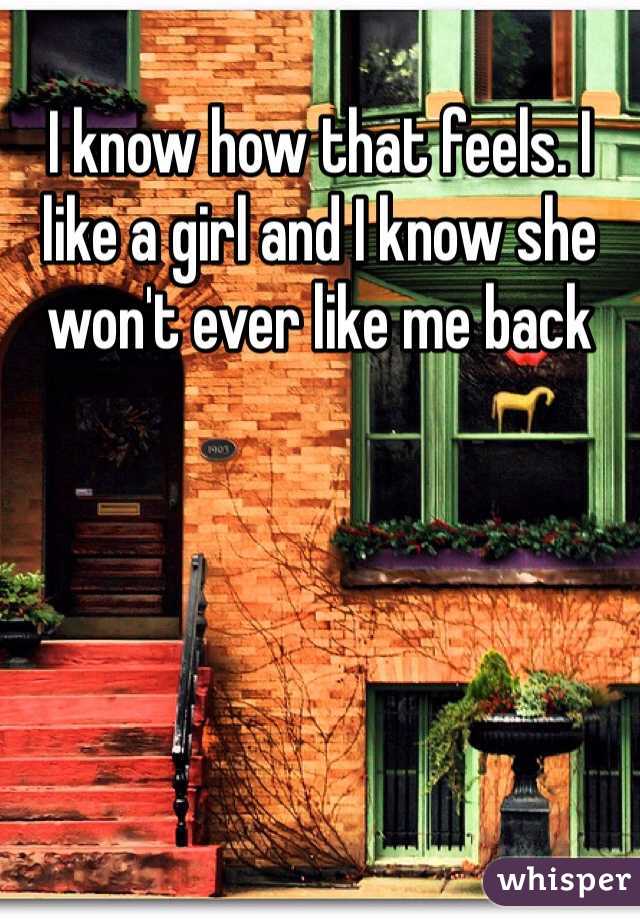 I know how that feels. I like a girl and I know she won't ever like me back 