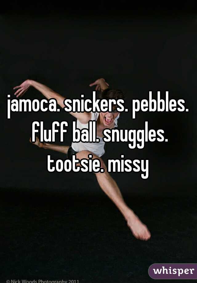 jamoca. snickers. pebbles. fluff ball. snuggles. tootsie. missy 