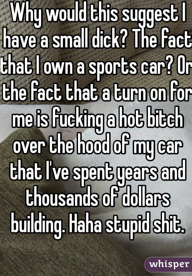 Why would this suggest I have a small dick? The fact that I own a sports car? Or the fact that a turn on for me is fucking a hot bitch over the hood of my car that I've spent years and thousands of dollars building. Haha stupid shit. 
