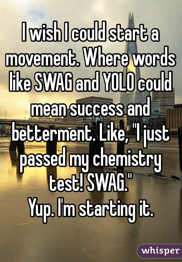 I wish I could start a movement. Where words like SWAG and YOLO could mean success and betterment. Like, "I just passed my chemistry test! SWAG." 
Yup. I'm starting it. 