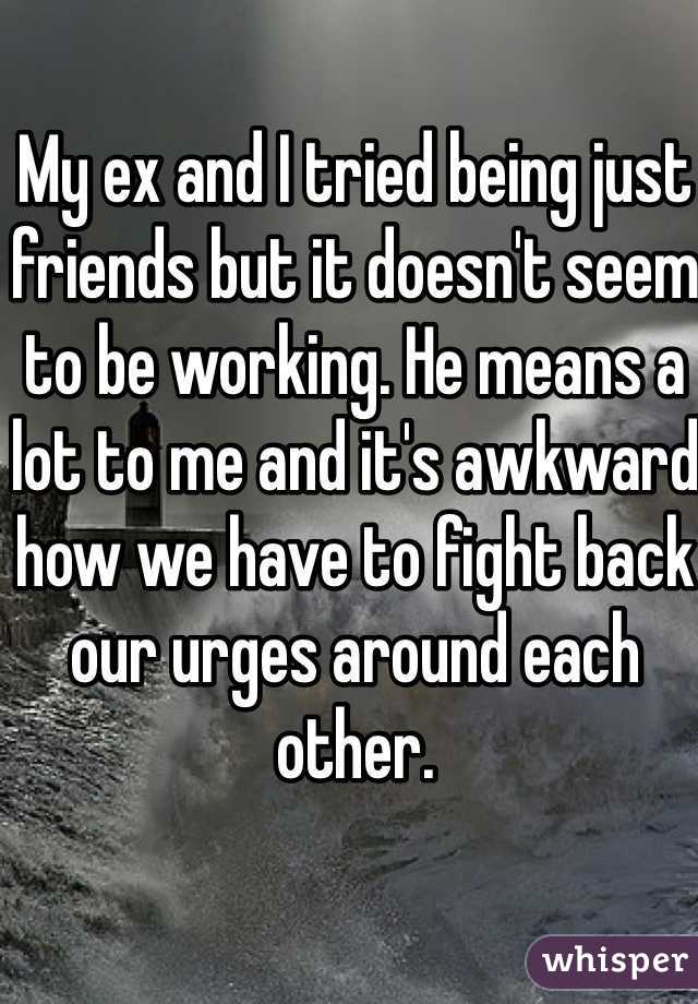 My ex and I tried being just friends but it doesn't seem to be working. He means a lot to me and it's awkward how we have to fight back our urges around each other. 